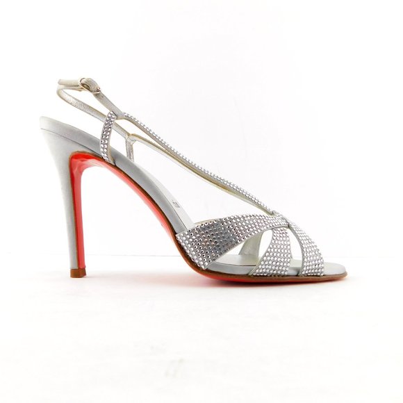 CHRISTIAN LOUBOUTIN Crystal Encrusted Silver Satin Strass Evening Heels 37.5 - Picture 3 of 9